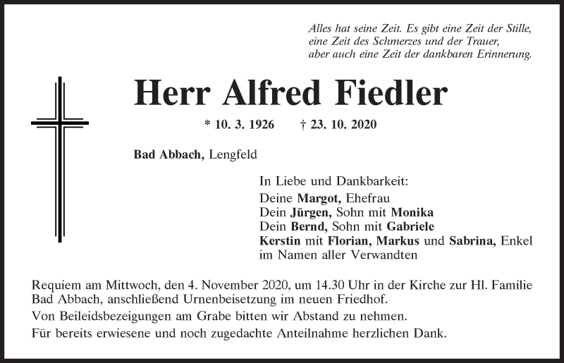  Traueranzeige für Alfred Fiedler vom 31.10.2020 aus Mittelbayerische Zeitung Kelheim