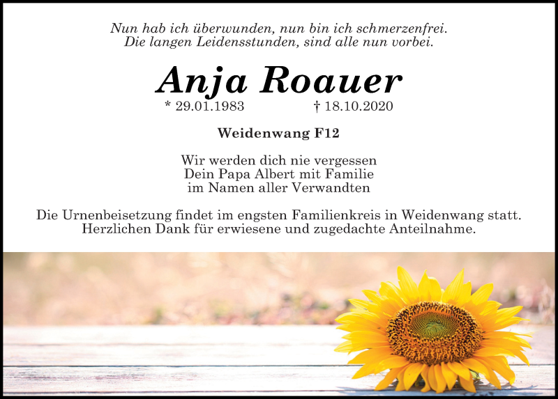  Traueranzeige für Anja Roauer vom 20.10.2020 aus Neumarkter Tagblatt
