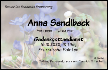 Traueranzeige von Anna Sendlbeck von Mittelbayerische Zeitung Kelheim