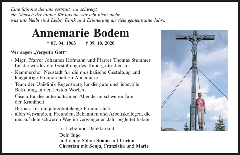  Traueranzeige für Annemarie Bodem vom 20.10.2020 aus Mittelbayerische Zeitung Kelheim
