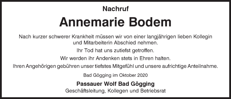  Traueranzeige für Annemarie Bodem vom 14.10.2020 aus Mittelbayerische Zeitung Kelheim