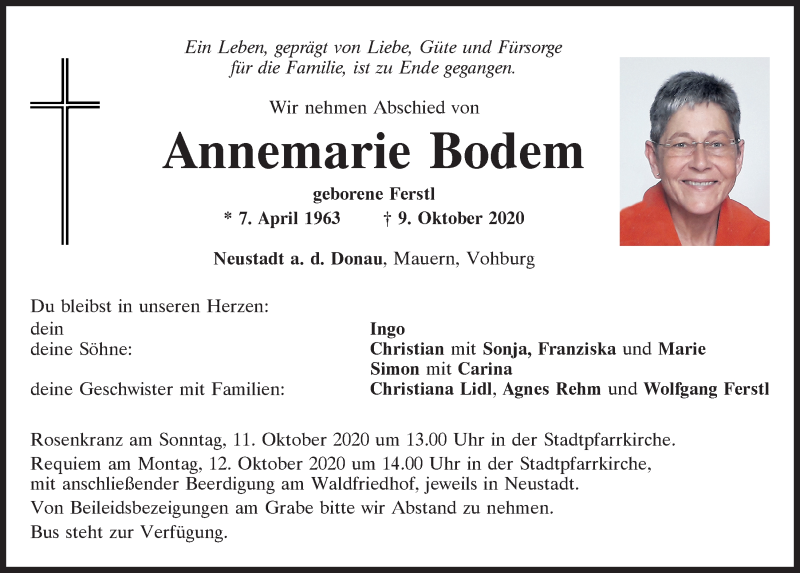  Traueranzeige für Annemarie Bodem vom 10.10.2020 aus Mittelbayerische Zeitung Kelheim