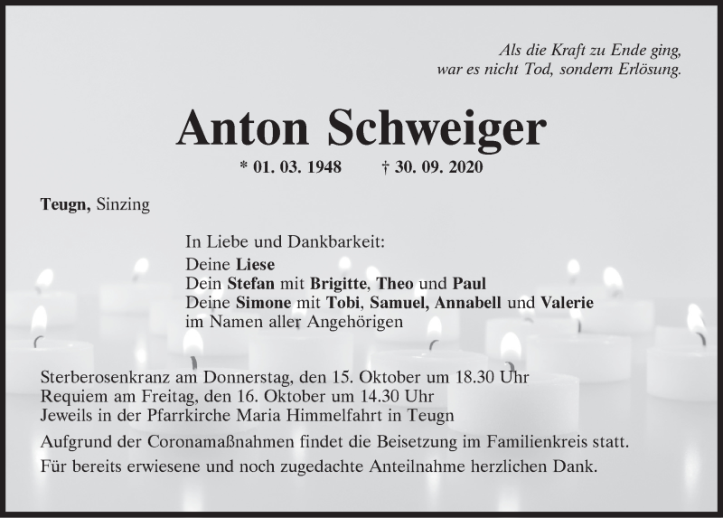  Traueranzeige für Anton Schweiger vom 15.10.2020 aus Mittelbayerische Zeitung Kelheim