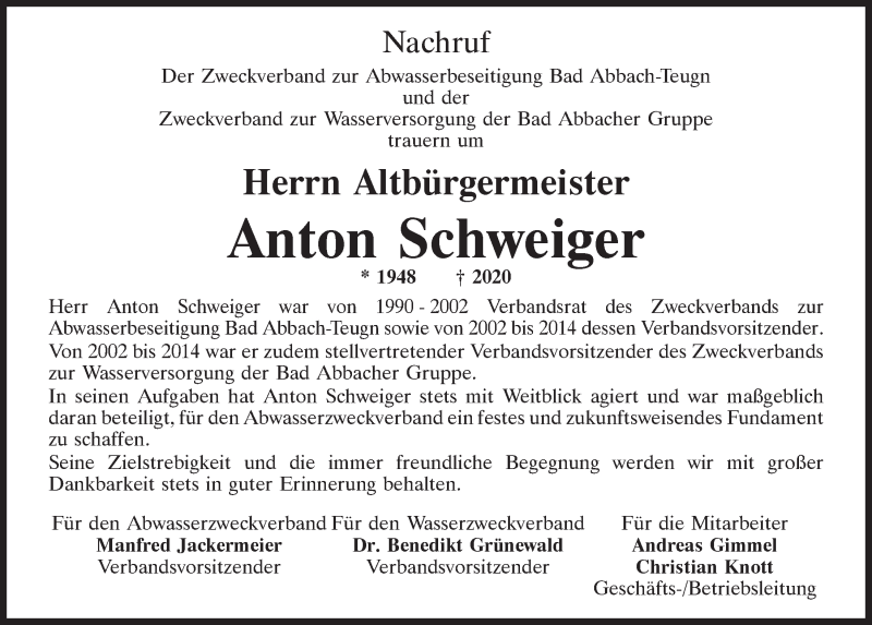  Traueranzeige für Anton Schweiger vom 16.10.2020 aus Mittelbayerische Zeitung Kelheim