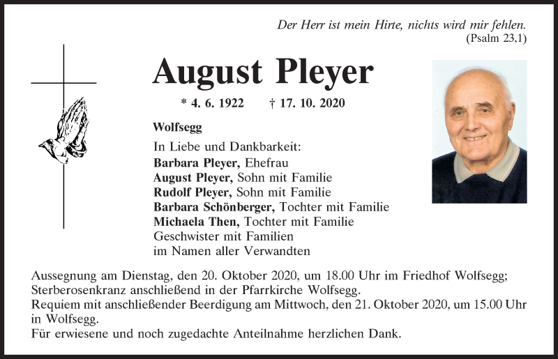  Traueranzeige für August Pleyer vom 19.10.2020 aus Mittelbayerische Zeitung Regensburg