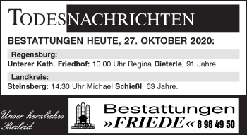 Traueranzeige von Bestattungen vom 27.10.2020 von Mittelbayerische Zeitung Regensburg