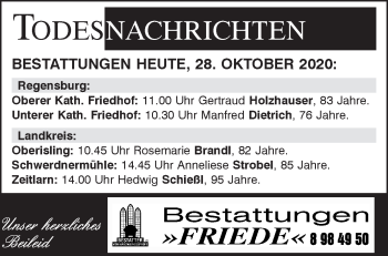 Traueranzeige von Bestattungen vom 28.10.2020 von Mittelbayerische Zeitung Regensburg