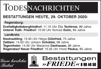 Traueranzeige von Bestattungen vom 29.10.2020 von Mittelbayerische Zeitung Regensburg