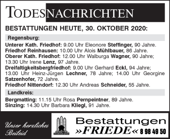 Traueranzeige von Bestattungen vom 30.10.2020 von Mittelbayerische Zeitung Regensburg