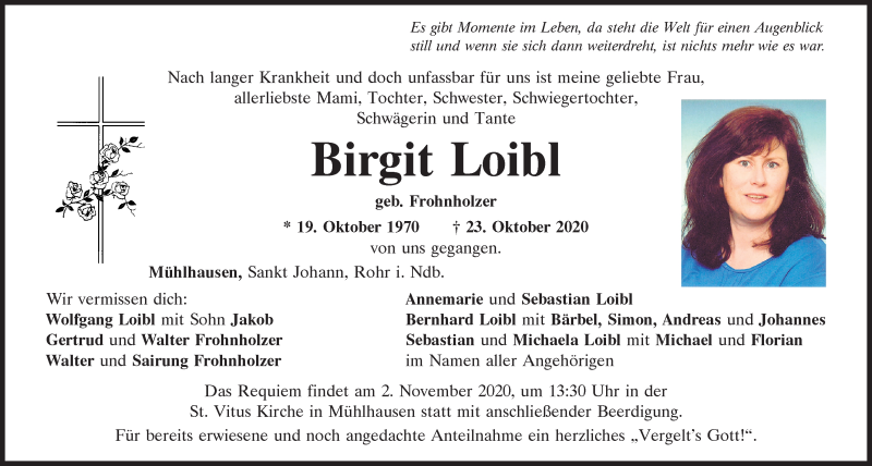  Traueranzeige für Birgit Loibl vom 30.10.2020 aus Mittelbayerische Zeitung Kelheim