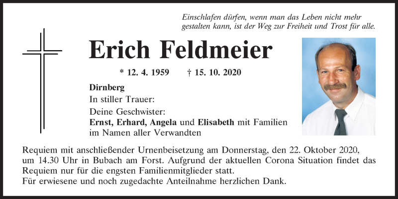  Traueranzeige für Erich Feldmeier vom 17.10.2020 aus Mittelbayerische Zeitung Regensburg