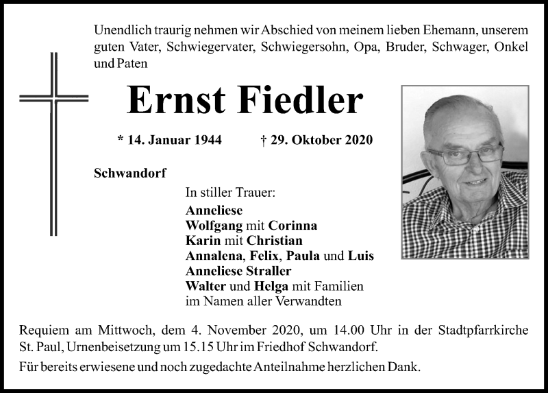  Traueranzeige für Ernst Fiedler vom 31.10.2020 aus Mittelbayerische Zeitung Schwandorf