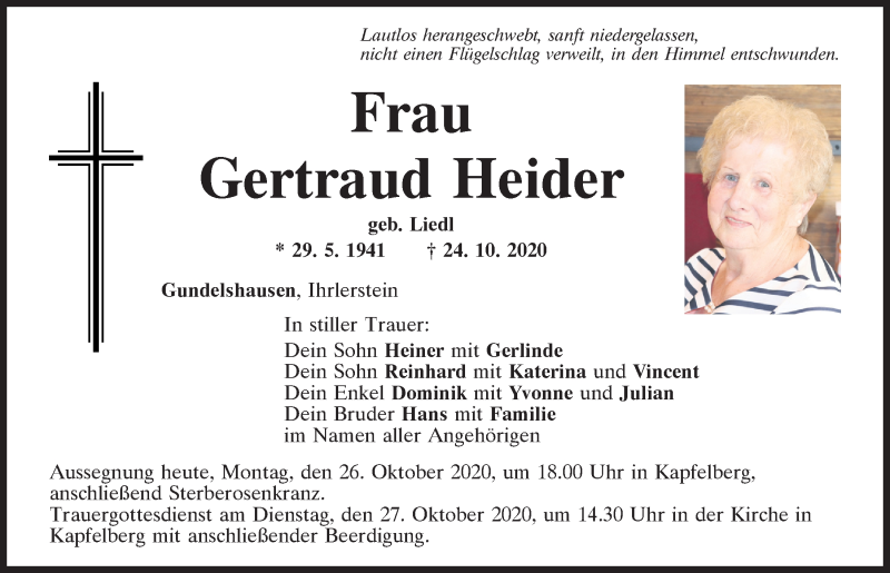  Traueranzeige für Gertraud Heider vom 26.10.2020 aus Mittelbayerische Zeitung Kelheim