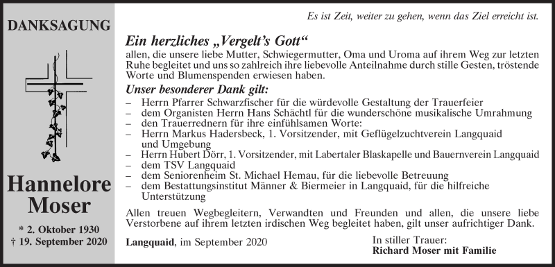  Traueranzeige für Hannelore Moser vom 02.10.2020 aus Mittelbayerische Zeitung Kelheim