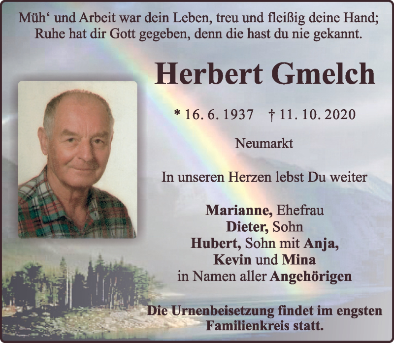  Traueranzeige für Herbert Gmelch vom 17.10.2020 aus Neumarkter Tagblatt