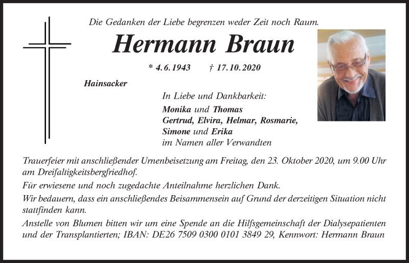 Traueranzeige für Hermann Braun vom 21.10.2020 aus Mittelbayerische Zeitung Regensburg