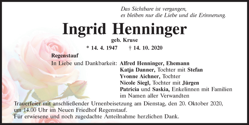  Traueranzeige für Ingrid Henninger vom 17.10.2020 aus Mittelbayerische Zeitung Regensburg