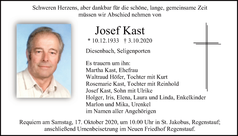  Traueranzeige für Josef Kast vom 10.10.2020 aus Mittelbayerische Zeitung Regensburg