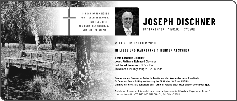  Traueranzeige für Joseph Dischner vom 29.10.2020 aus Bayerwald Echo