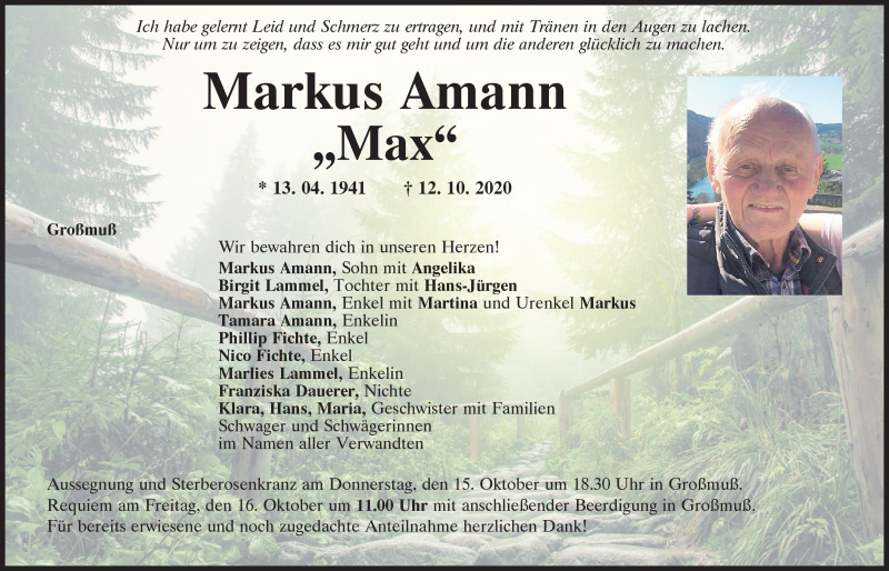  Traueranzeige für Markus Amann vom 14.10.2020 aus Mittelbayerische Zeitung Kelheim
