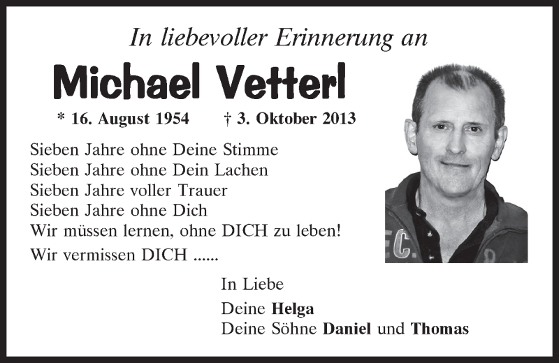  Traueranzeige für Michael Vetterl vom 02.10.2020 aus Mittelbayerische Zeitung Schwandorf