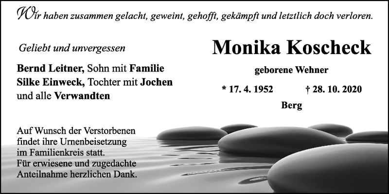 Traueranzeige für Monika Koscheck vom 31.10.2020 aus Neumarkter Tagblatt