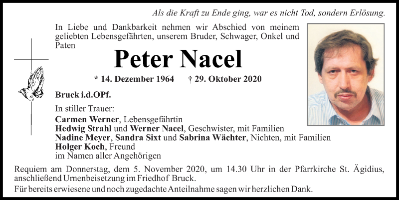  Traueranzeige für Peter Nacel vom 31.10.2020 aus Mittelbayerische Zeitung Schwandorf