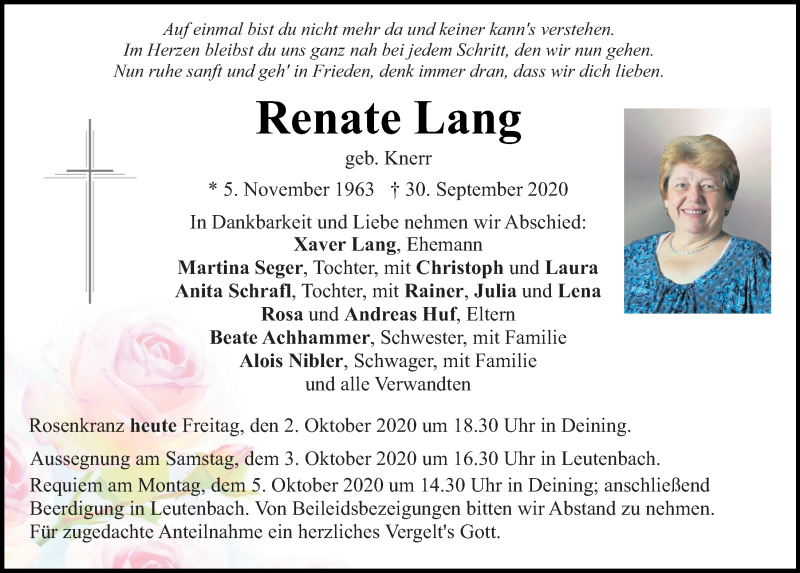  Traueranzeige für Renate Lang vom 02.10.2020 aus Neumarkter Tagblatt
