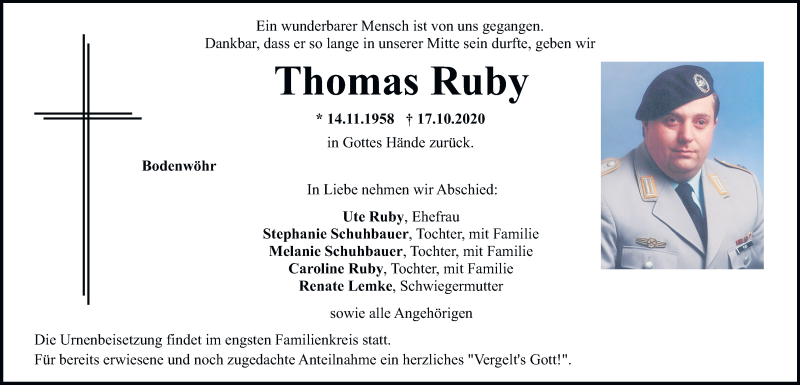  Traueranzeige für Thomas Ruby vom 21.10.2020 aus Mittelbayerische Zeitung Schwandorf