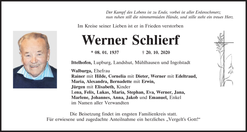  Traueranzeige für Werner Schlierf vom 21.10.2020 aus Neumarkter Tagblatt