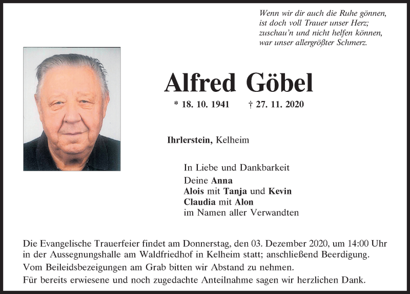  Traueranzeige für Alfred Göbel vom 01.12.2020 aus Mittelbayerische Zeitung Kelheim