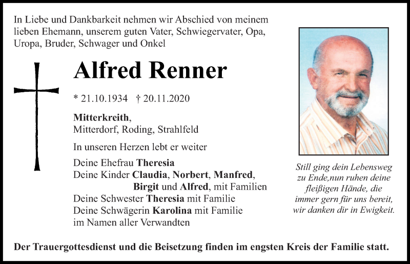  Traueranzeige für Alfred Renner vom 26.11.2020 aus Bayerwald Echo