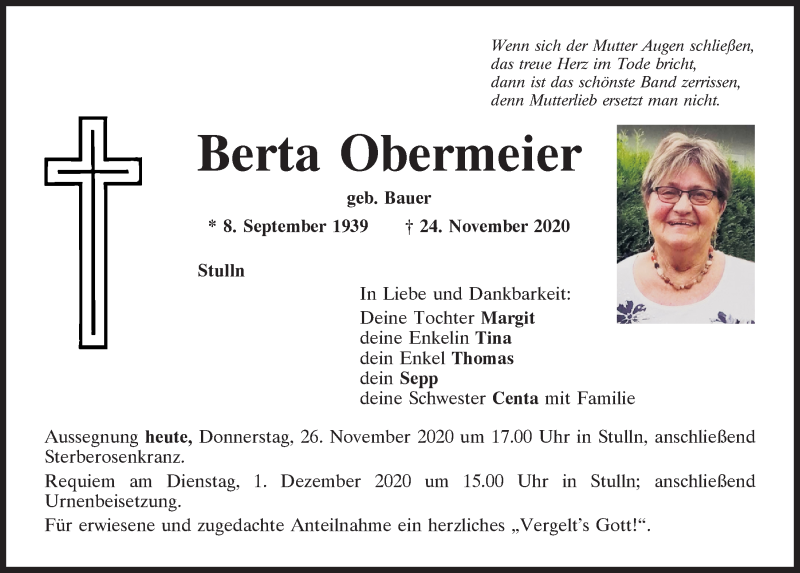  Traueranzeige für Berta Obermeier vom 26.11.2020 aus Mittelbayerische Zeitung Schwandorf