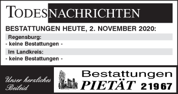 Traueranzeige von Bestattungen vom 02.11.2020 von Mittelbayerische Zeitung Regensburg