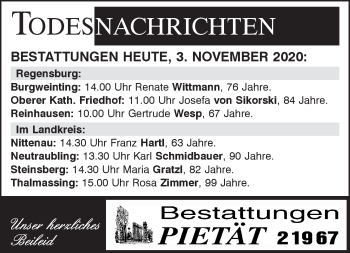 Traueranzeige von Bestattungen vom 03.11.2020 von Mittelbayerische Zeitung Regensburg