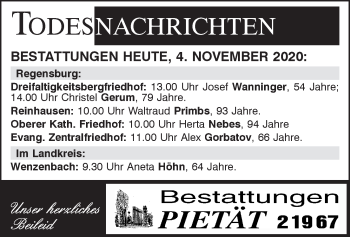 Traueranzeige von Bestattungen vom 04.11.2020 von Mittelbayerische Zeitung Regensburg