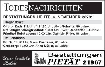 Traueranzeige von Bestattungen vom 06.11.2020 von Mittelbayerische Zeitung Regensburg