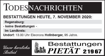 Traueranzeige von Bestattungen vom 07.11.2020 von Mittelbayerische Zeitung Regensburg