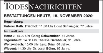 Traueranzeige von Bestattungen vom 18.11.2020 von Mittelbayerische Zeitung Regensburg