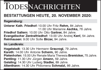 Traueranzeige von Bestattungen vom 20.11.2020 von Mittelbayerische Zeitung Regensburg