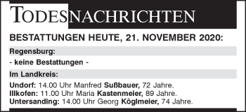 Traueranzeige von Bestattungen vom 21.11.2020 von Mittelbayerische Zeitung Regensburg