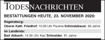 Traueranzeige von Bestattungen vom 23.11.2020 von Mittelbayerische Zeitung Regensburg