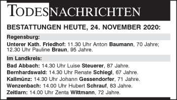 Traueranzeige von Bestattungen vom 24.11.2020 von Mittelbayerische Zeitung Regensburg