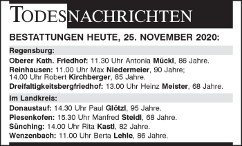 Traueranzeige von Bestattungen vom 25.11.2020 von Mittelbayerische Zeitung Regensburg