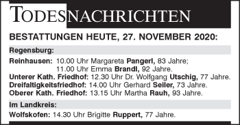 Traueranzeige von Bestattungen vom 27.11.2020 von Mittelbayerische Zeitung Regensburg