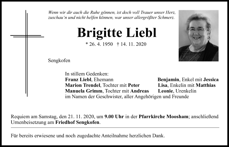  Traueranzeige für Brigitte Liebl vom 19.11.2020 aus Mittelbayerische Zeitung Regensburg