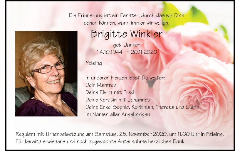  Traueranzeige für Brigitte Winkler vom 25.11.2020 aus Mittelbayerische Zeitung Regensburg