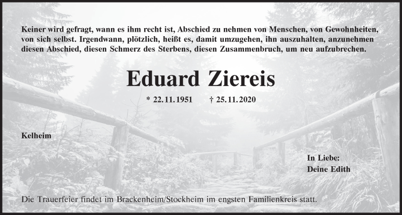  Traueranzeige für Eduard Ziereis vom 28.11.2020 aus Mittelbayerische Zeitung Kelheim