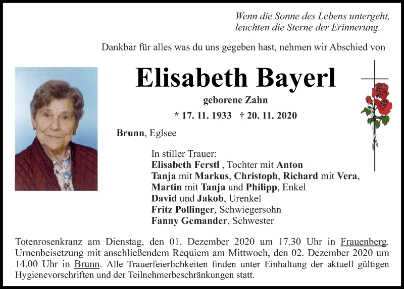  Traueranzeige für Elisabeth Bayerl vom 27.11.2020 aus Mittelbayerische Zeitung Regensburg