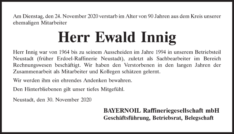  Traueranzeige für Ewald Innig vom 30.11.2020 aus Mittelbayerische Zeitung Kelheim